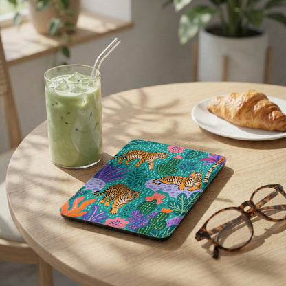 Green teal case with tigers and colorful abstract plants and flowers.
