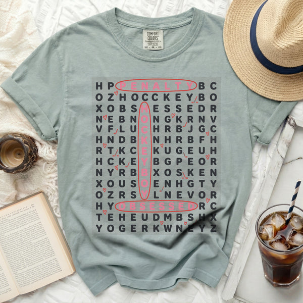 Hockey Word Search Obsessed Tee in Bay