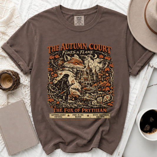 Brown t-shirt with "The Autumn Court Foxes & Flame" and "The Fox of Prytihian" graphic.