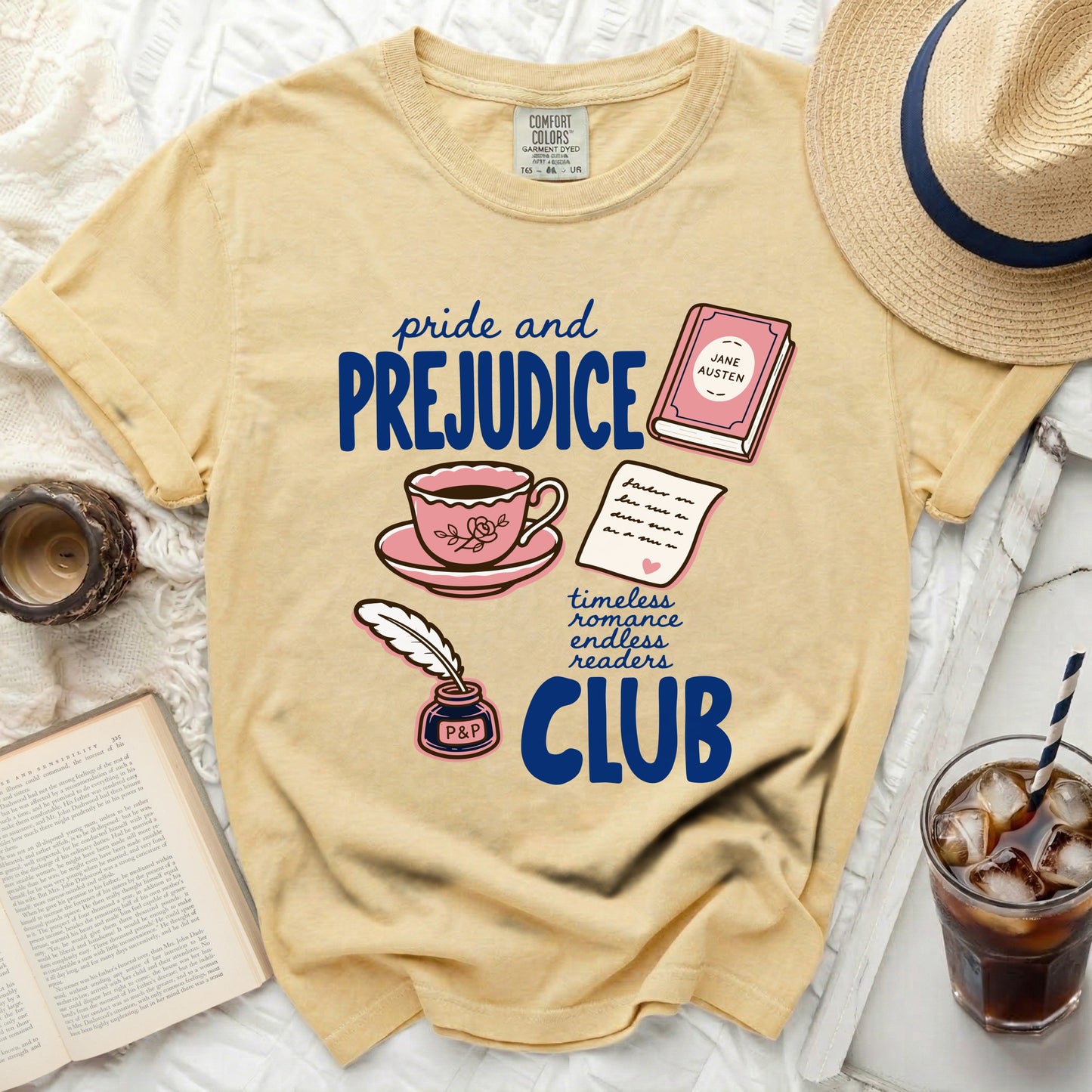 Comfort Colors yellow t-shirt with "Pride and Prejudice" book club graphic.
