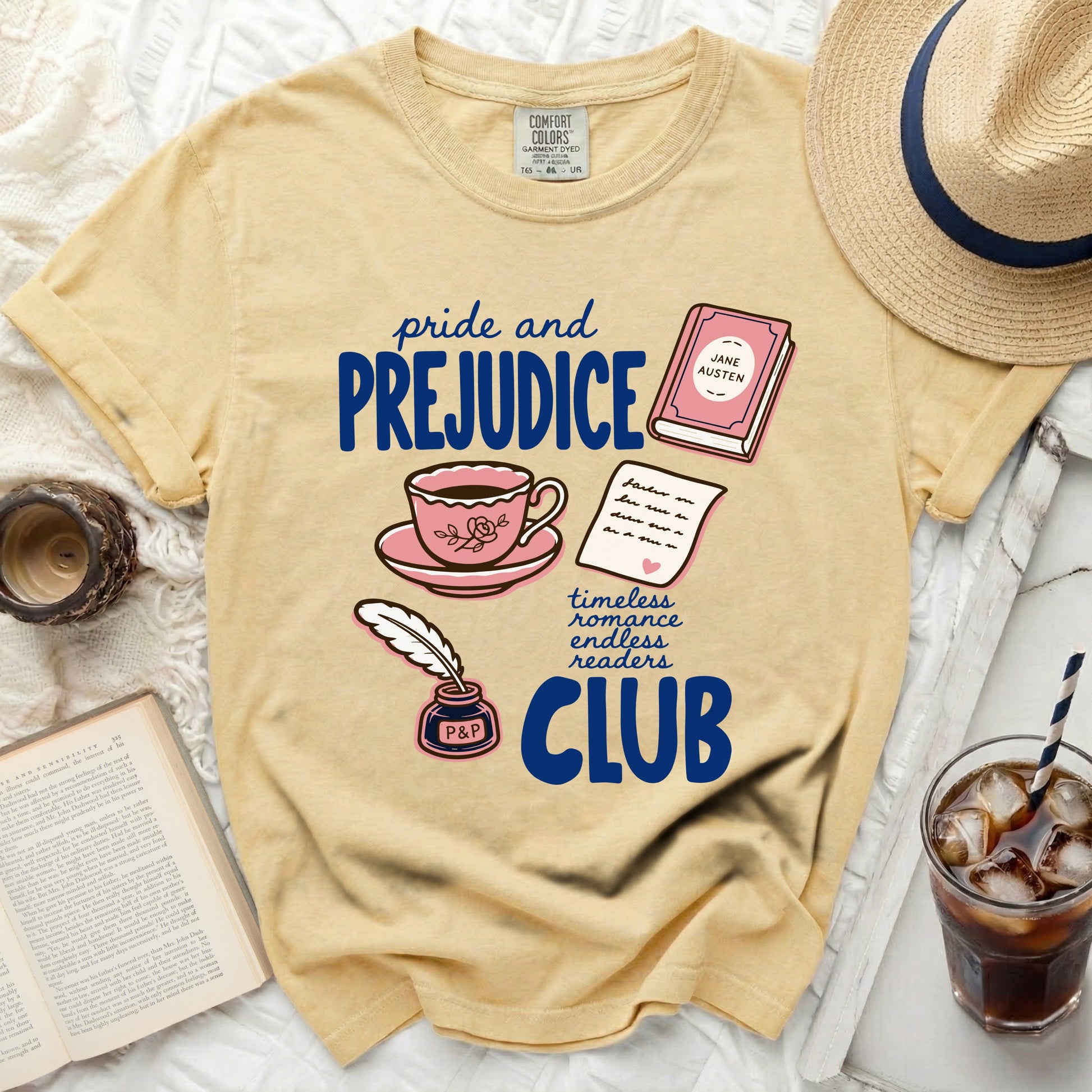 Comfort Colors yellow t-shirt with "Pride and Prejudice" book club graphic.