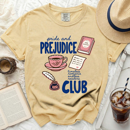 Comfort Colors yellow t-shirt with "Pride and Prejudice" book club graphic.