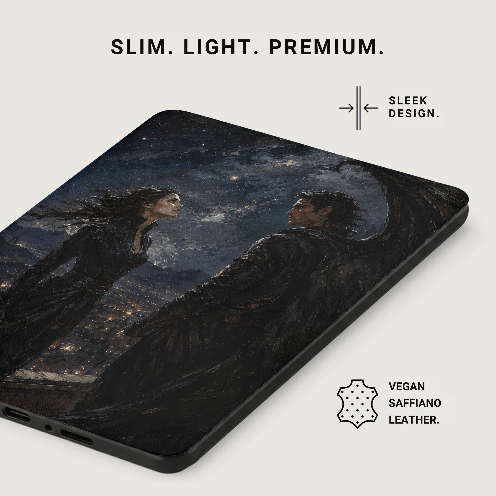 Phone case with painted gothic figures and cityscape.