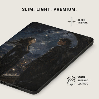 Phone case with painted gothic figures and cityscape.