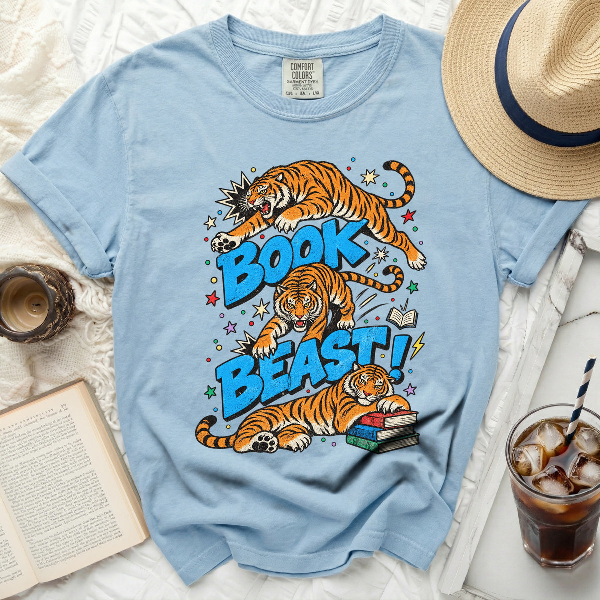 Light blue t-shirt with tigers and "BOOK BEAST!" text graphic.