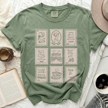 Green t-shirt with nine postage stamp designs depicting various scenes and quotes.