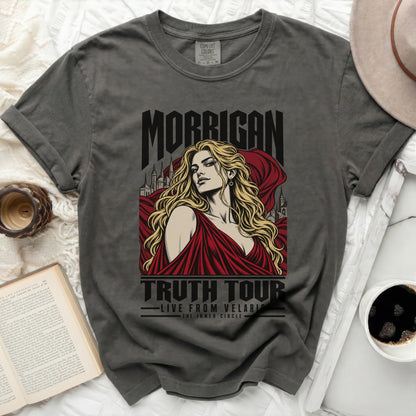 Morrigan Truth Tour graphic t-shirt with a blonde woman in a red dress.