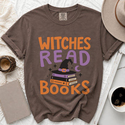 Brown t-shirt with "Witches Read Books" text and witch hat graphic.