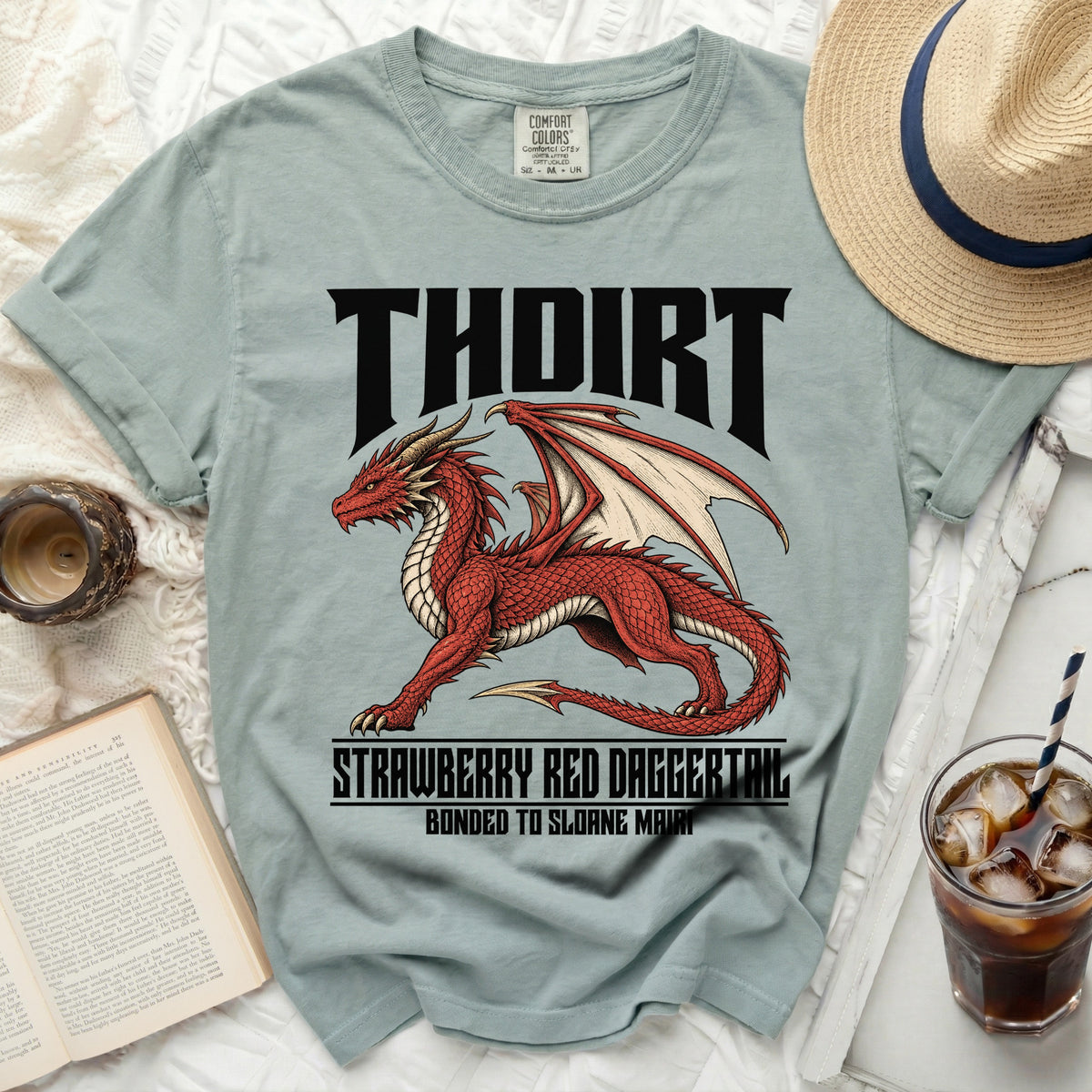 T-shirt with red dragon graphic, "THOIRT" and "STRAWBERRY RED DAGGERTAIL" text.