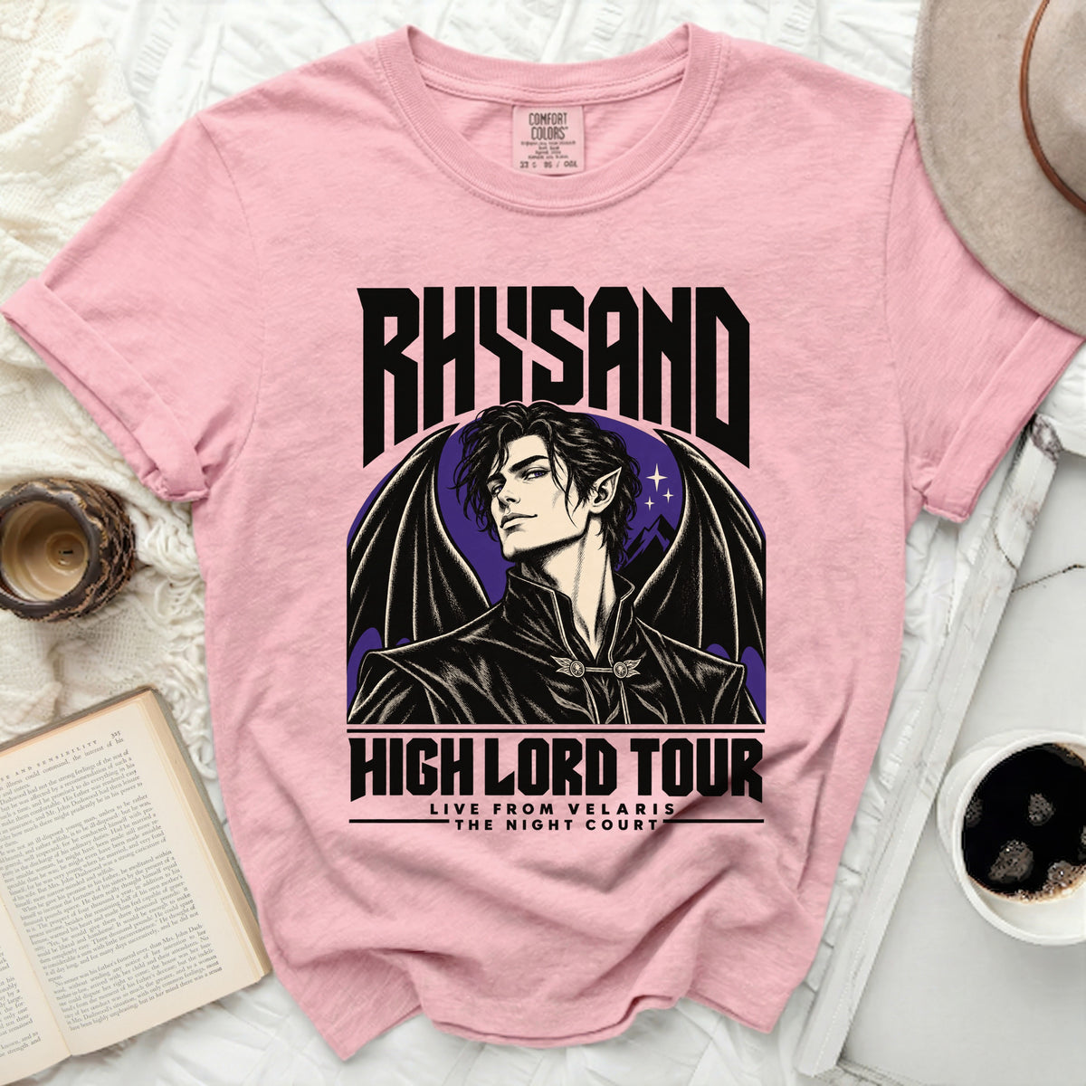 Pink t-shirt with Rhysand, High Lord Tour, Live from Velaris, The Night Court graphic.