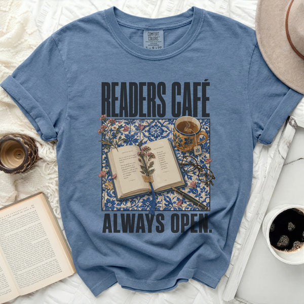 Readers Café Always Open Tee in Blue Jean