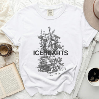 White t-shirt with "ICEHEARTS LONDON" and hockey stick and skates graphic.