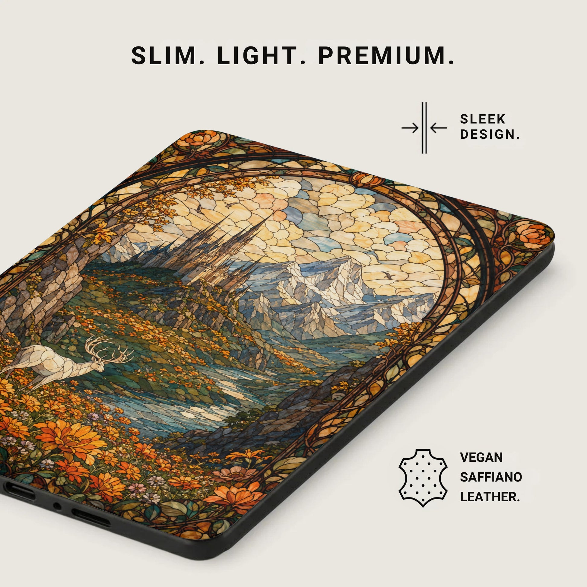 Case with stained glass art of castle and deer, vegan saffiano leather.