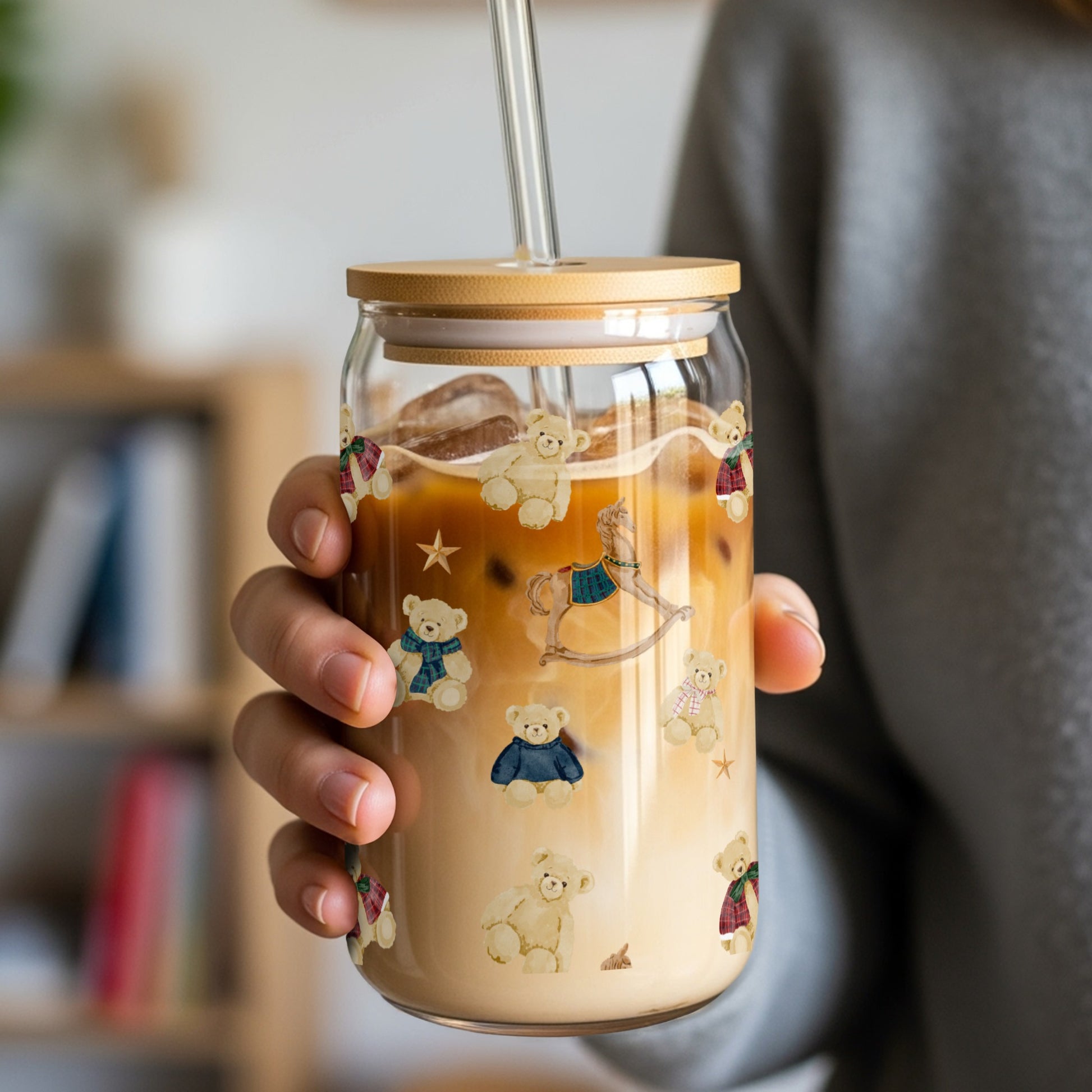 Cute Teddy Bears and Rocking Horse Glass Cup