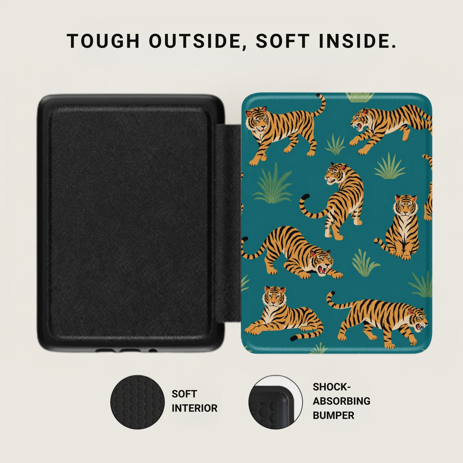 Black case with textured exterior next to a teal case with tiger pattern and "Tough outside, soft inside" text.