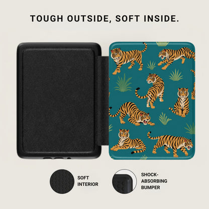 Black case with textured exterior next to a teal case with tiger pattern and "Tough outside, soft inside" text.