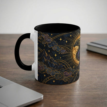 A white ceramic mug with a black handle and interior features a celestial dragon and mountain illustration.