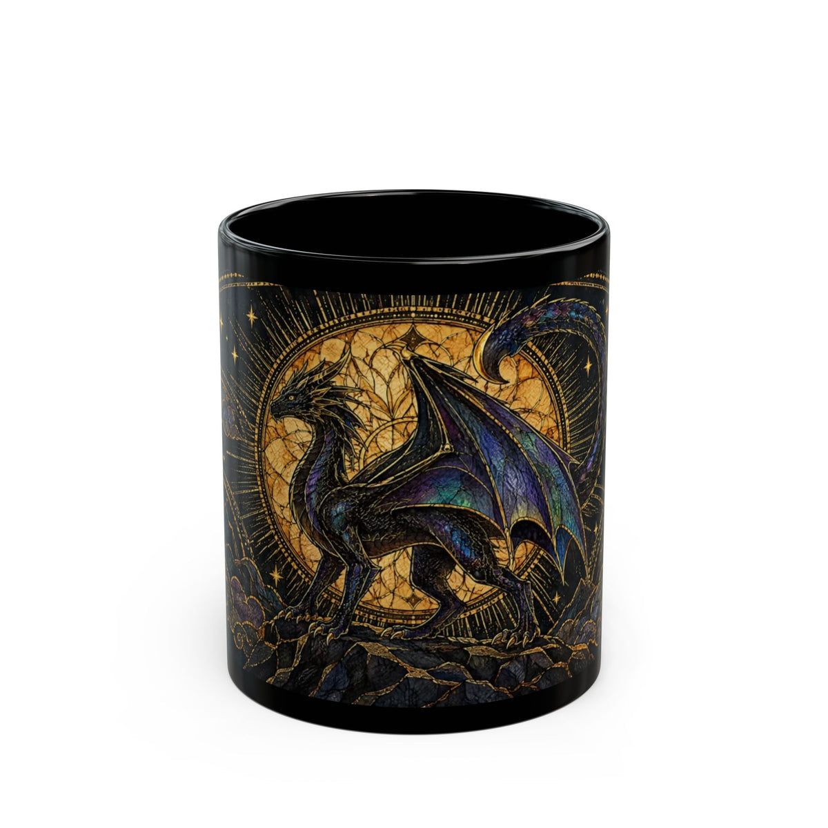 A black ceramic mug featuring a stained-glass style illustration of a dragon against a golden, circular backdrop.
