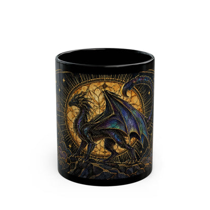 A black ceramic mug featuring a stained-glass style illustration of a dragon against a golden, circular backdrop.