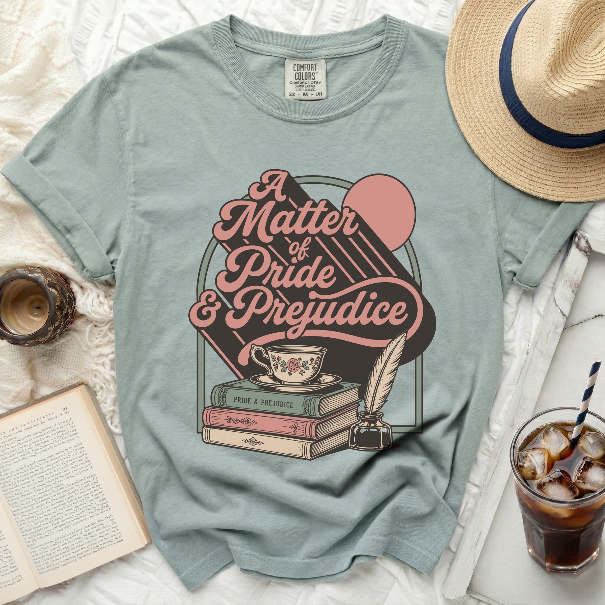 Comfort Colors t-shirt with "A Matter of Pride & Prejudice" literary graphic.
