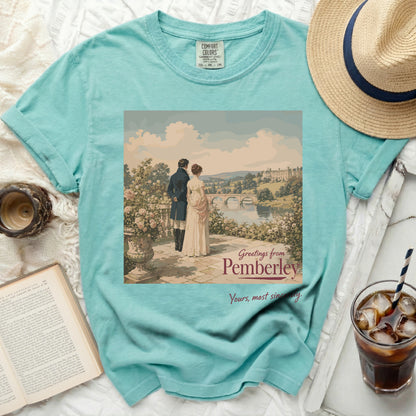 Teal t-shirt with "Greetings from Pemberley" graphic of a couple.
