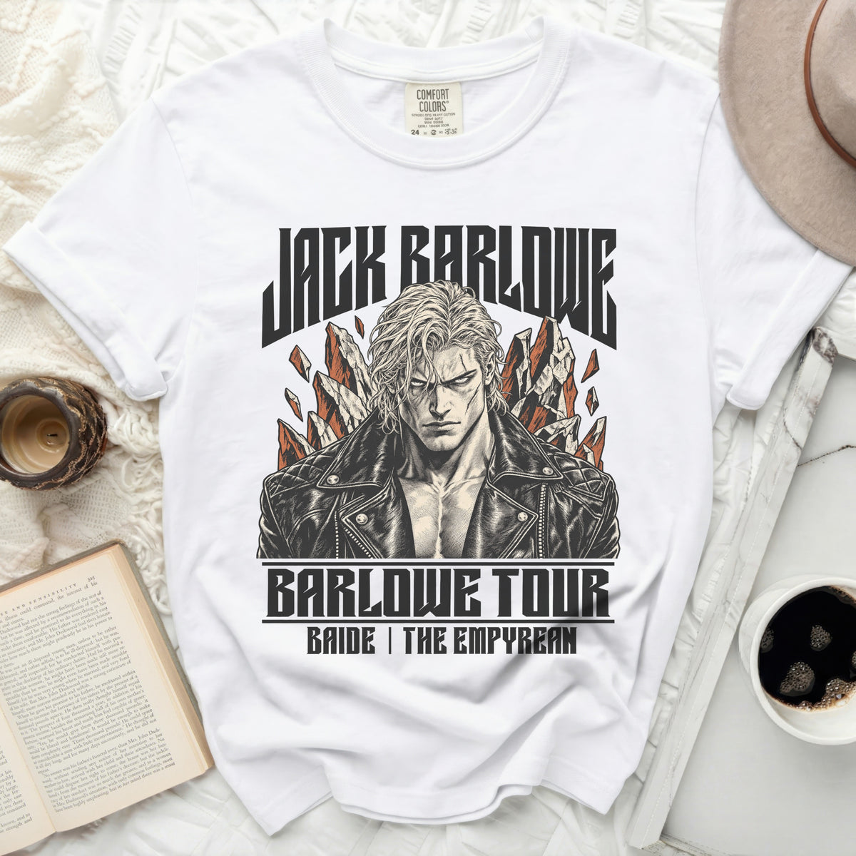 White t-shirt with Jack Barlowe tour graphic featuring a portrait and text.