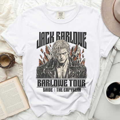 White t-shirt with Jack Barlowe tour graphic featuring a portrait and text.