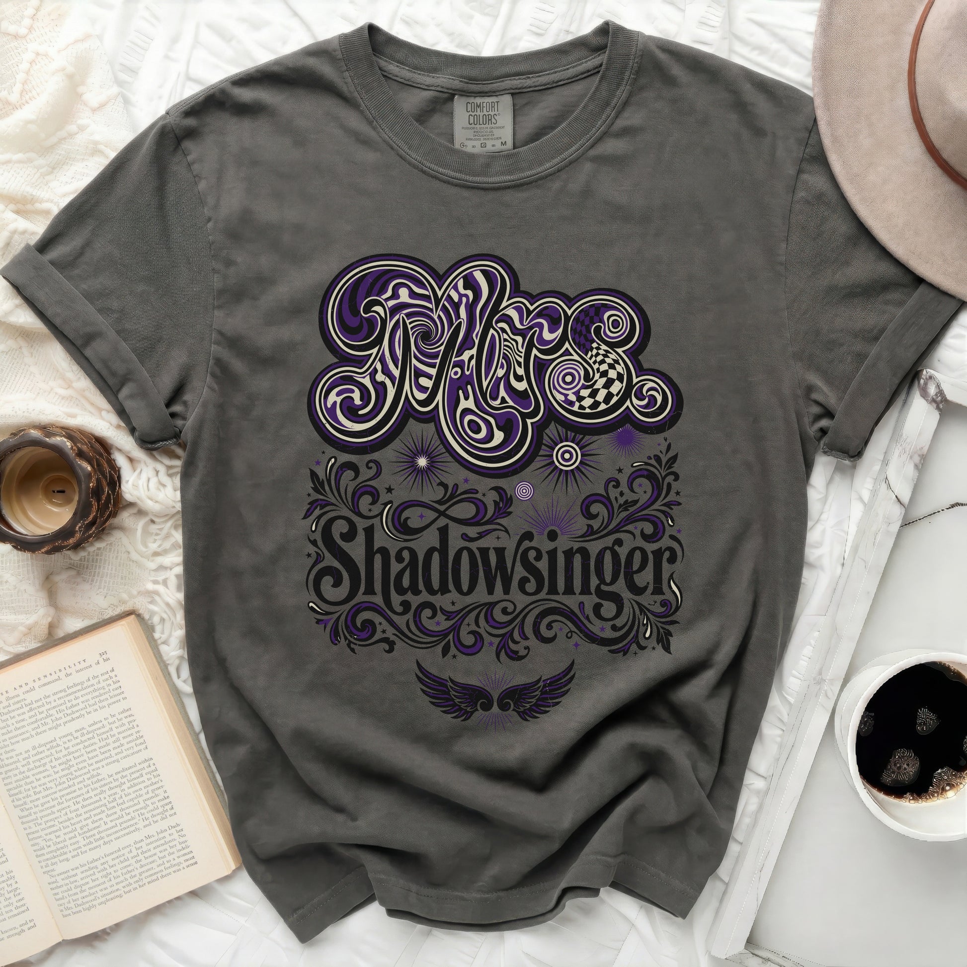 Charcoal t-shirt with "Shadowsinger" graphic in purple and white.