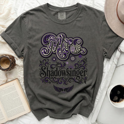 Charcoal t-shirt with "Shadowsinger" graphic in purple and white.