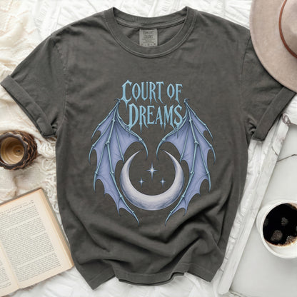 Dark gray t-shirt with "Court of Dreams" and blue wings design.