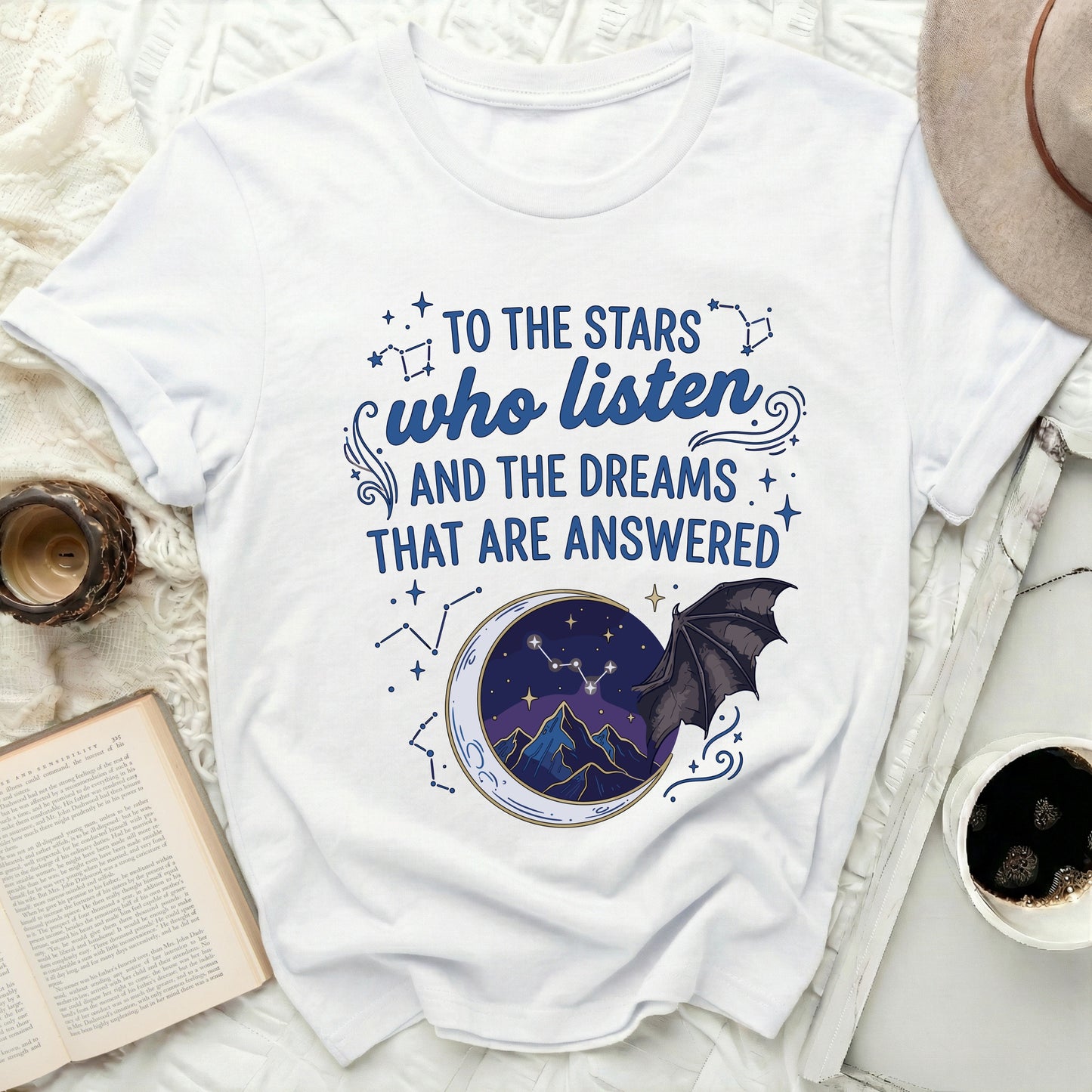 Stars Listen Dreams Answered Bat Moon Celestial Mountains product type
Celestial T-shirt, Stars Who Listen, Dreams Answered, ACOTAR Shirt, Bookish Merch, Fantasy Core, Night Sky Design, Moon Mountains Tee, Bat Wing Graphic, Constellation Art, Magical Apparel, Fae Inspired, Literary Quote, Witchy Aesthetic, Indie Fashion, Mystical Creature, Dark Academia Style, Inspirational Gift, Graphic Novel Tee, Unique T-shirt