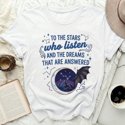 Stars Listen Dreams Answered Bat Moon Celestial Mountains product type
Celestial T-shirt, Stars Who Listen, Dreams Answered, ACOTAR Shirt, Bookish Merch, Fantasy Core, Night Sky Design, Moon Mountains Tee, Bat Wing Graphic, Constellation Art, Magical Apparel, Fae Inspired, Literary Quote, Witchy Aesthetic, Indie Fashion, Mystical Creature, Dark Academia Style, Inspirational Gift, Graphic Novel Tee, Unique T-shirt