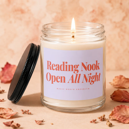 Lit glass jar candle with "Reading Nook Open All Night" text.