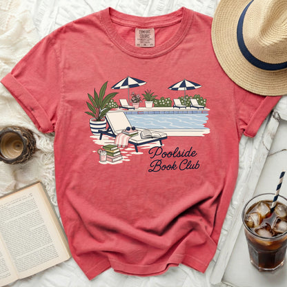 T-shirt with "Poolside Book Club" text and poolside illustration.