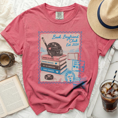 Comfort Colors pink t-shirt with "Book Boyfriend Club Est. 2024" graphic.