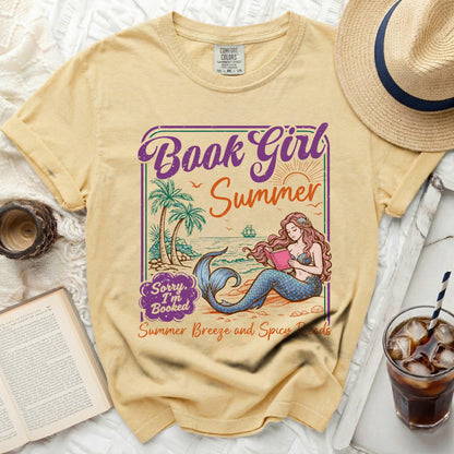 Yellow t-shirt with "Book Girl Summer" and mermaid graphic.
