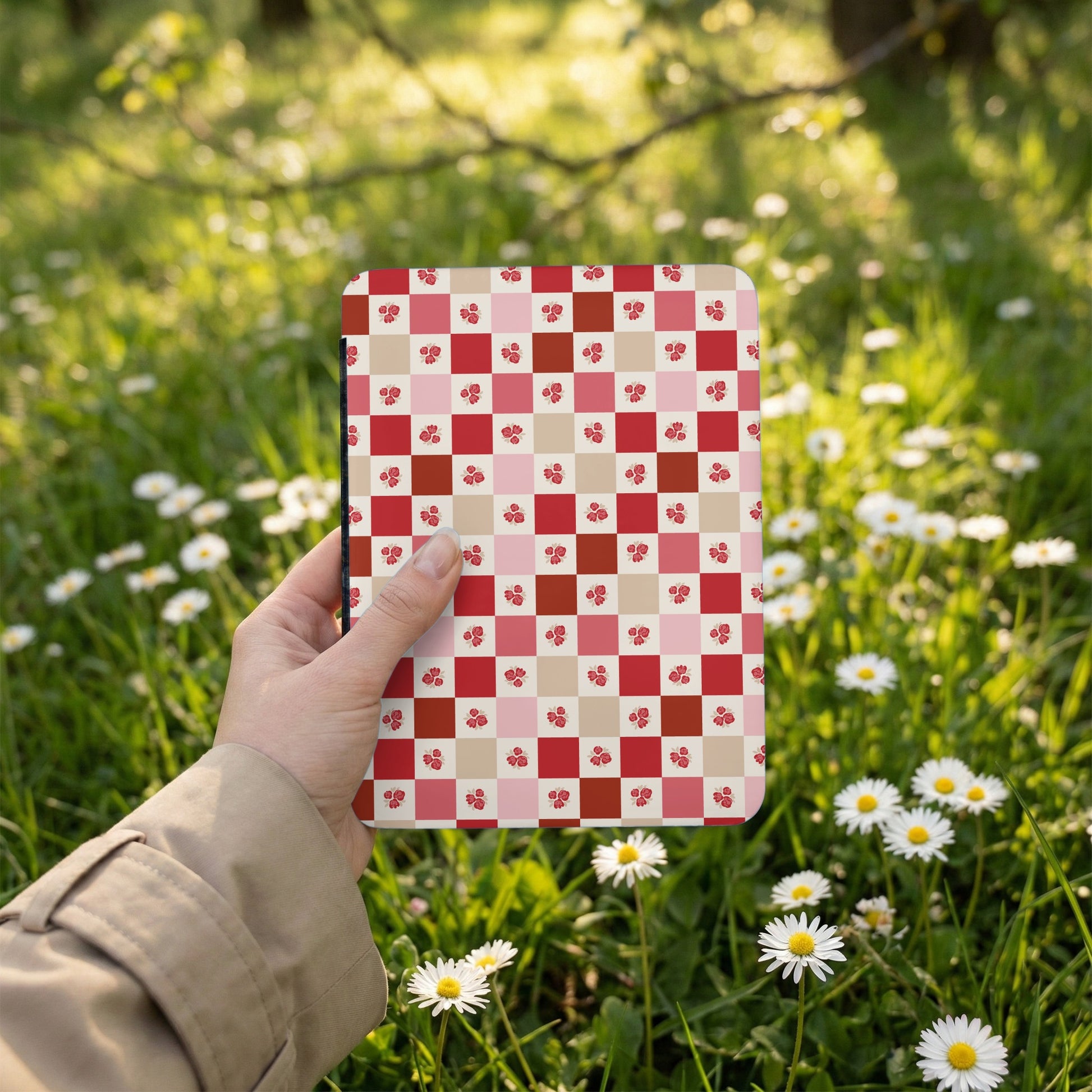 Red Pink and Beige Checkered Notebook