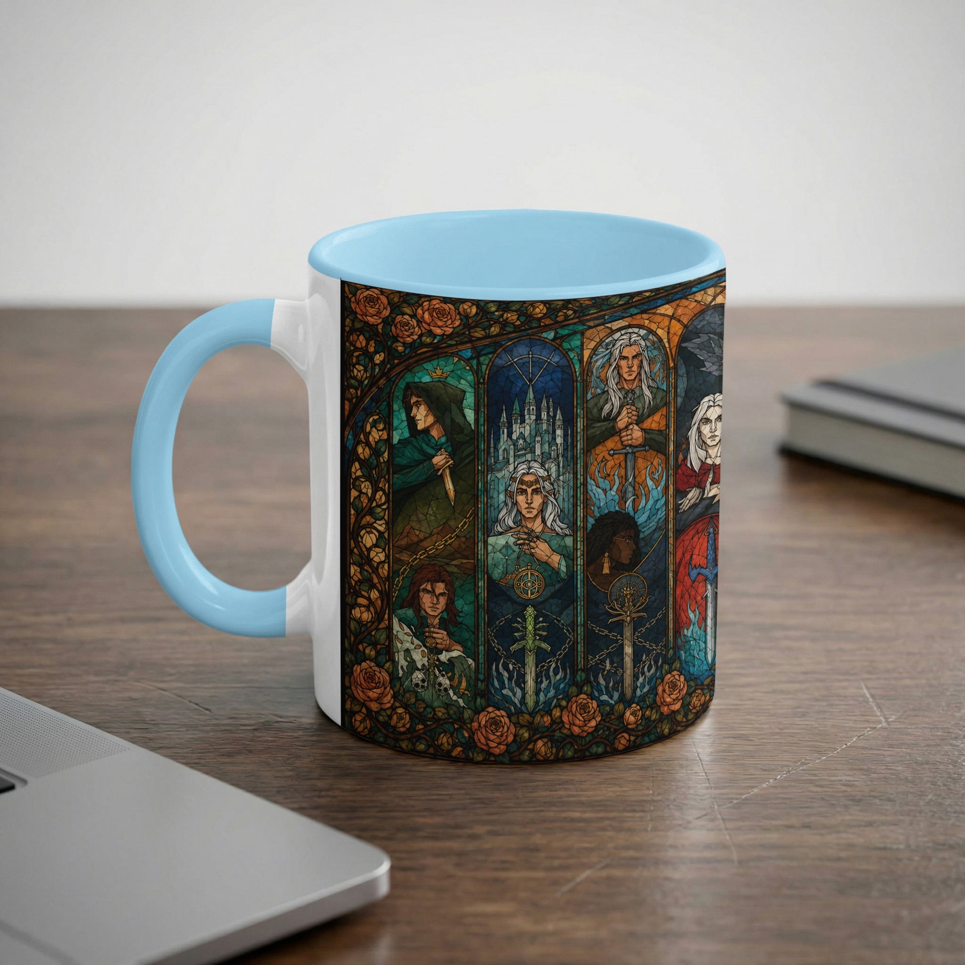 White mug with blue handle featuring stained glass design of characters with swords and roses.