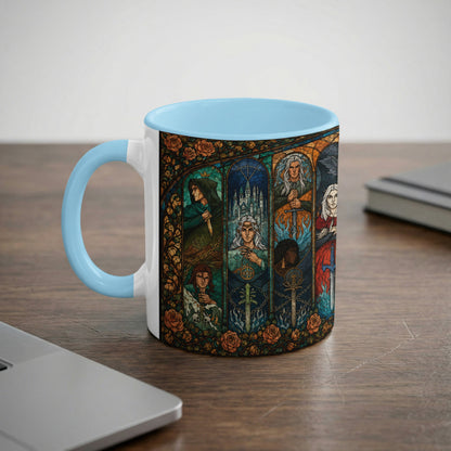 White mug with blue handle featuring stained glass design of characters with swords and roses.