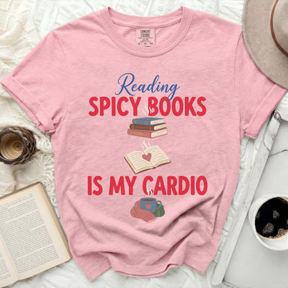 Pink t-shirt with "Reading SPICY BOOKS IS MY CARDIO" text and illustrations.