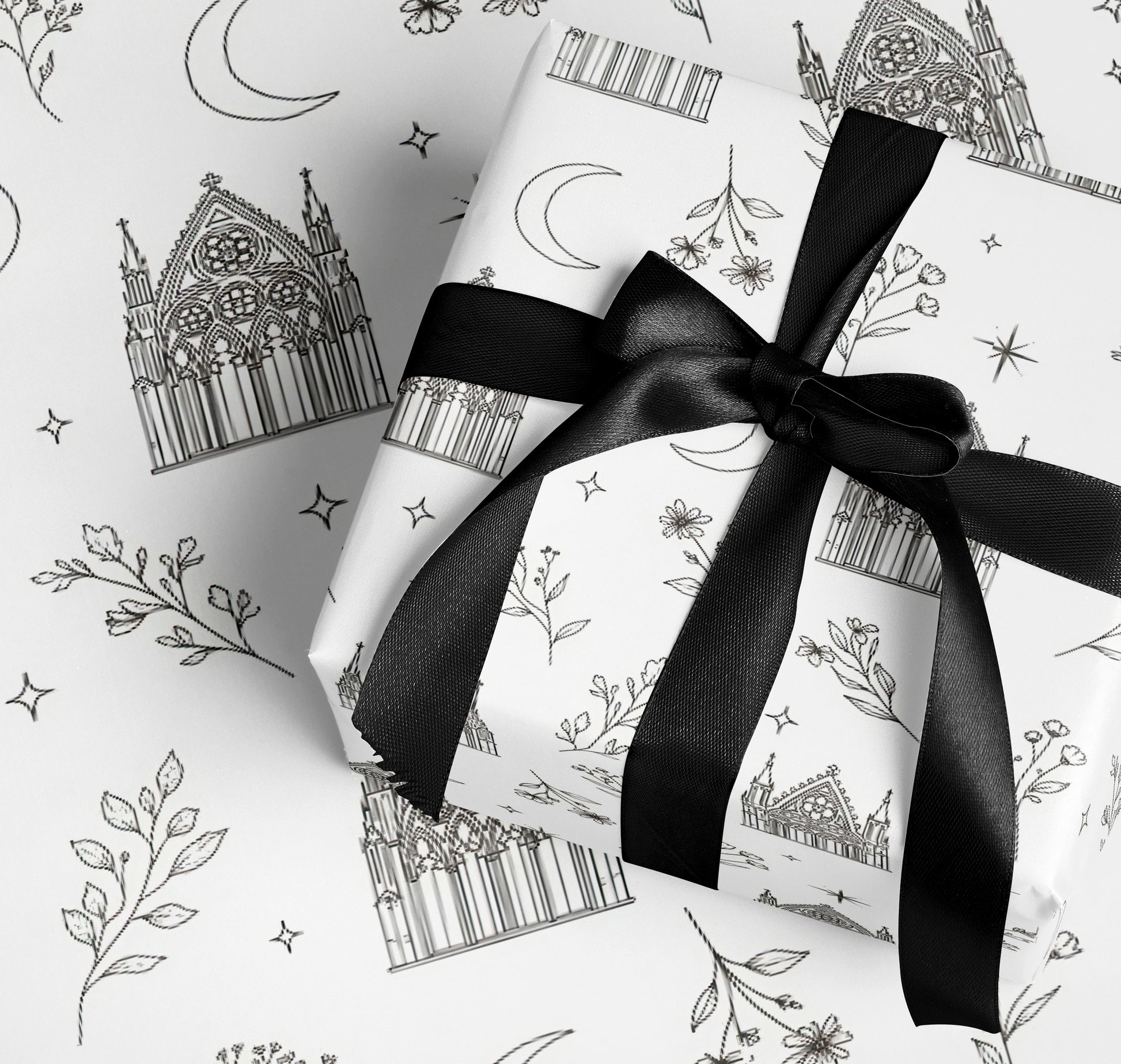 Gothic Cathedral and Botanical Black and White Wrapping Paper
