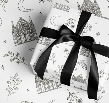 Gothic Cathedral and Botanical Black and White Wrapping Paper