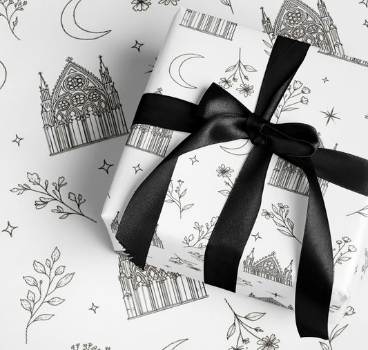 Gothic Cathedral and Botanical Black and White Wrapping Paper
