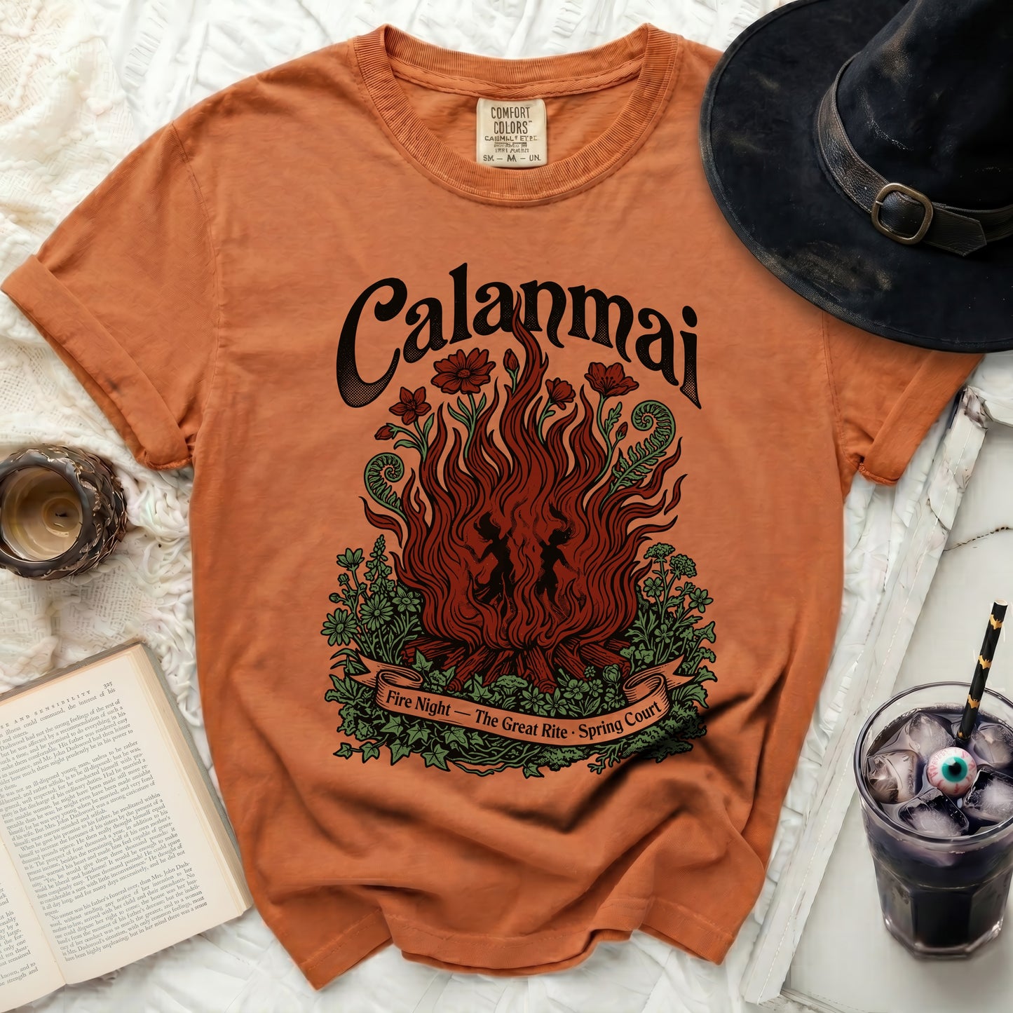 Orange t-shirt with "Calanmai Fire Night - The Great Rite - Spring Court" graphic.