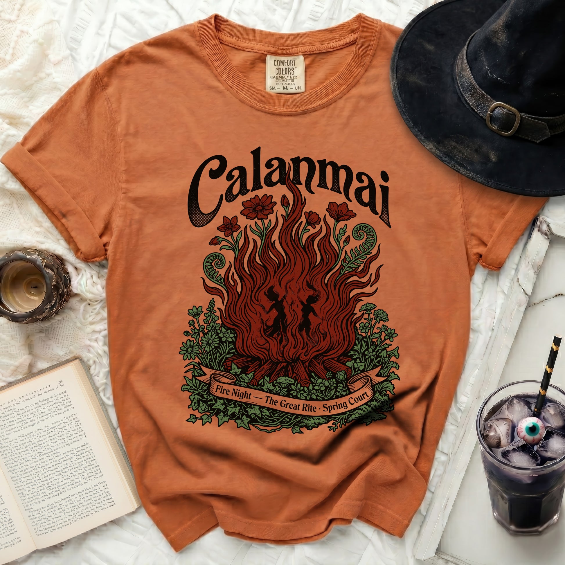 Orange t-shirt with "Calanmai Fire Night - The Great Rite - Spring Court" graphic.