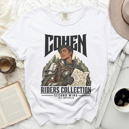 White t-shirt with "COHEN RIDERS COLLECTION SECOND WING THE EMPYREAN" text and knight graphic.