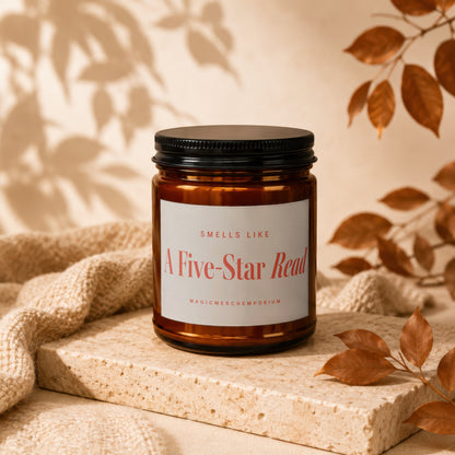 Amber candle with white label reading "Smells Like A Five-Star Read".