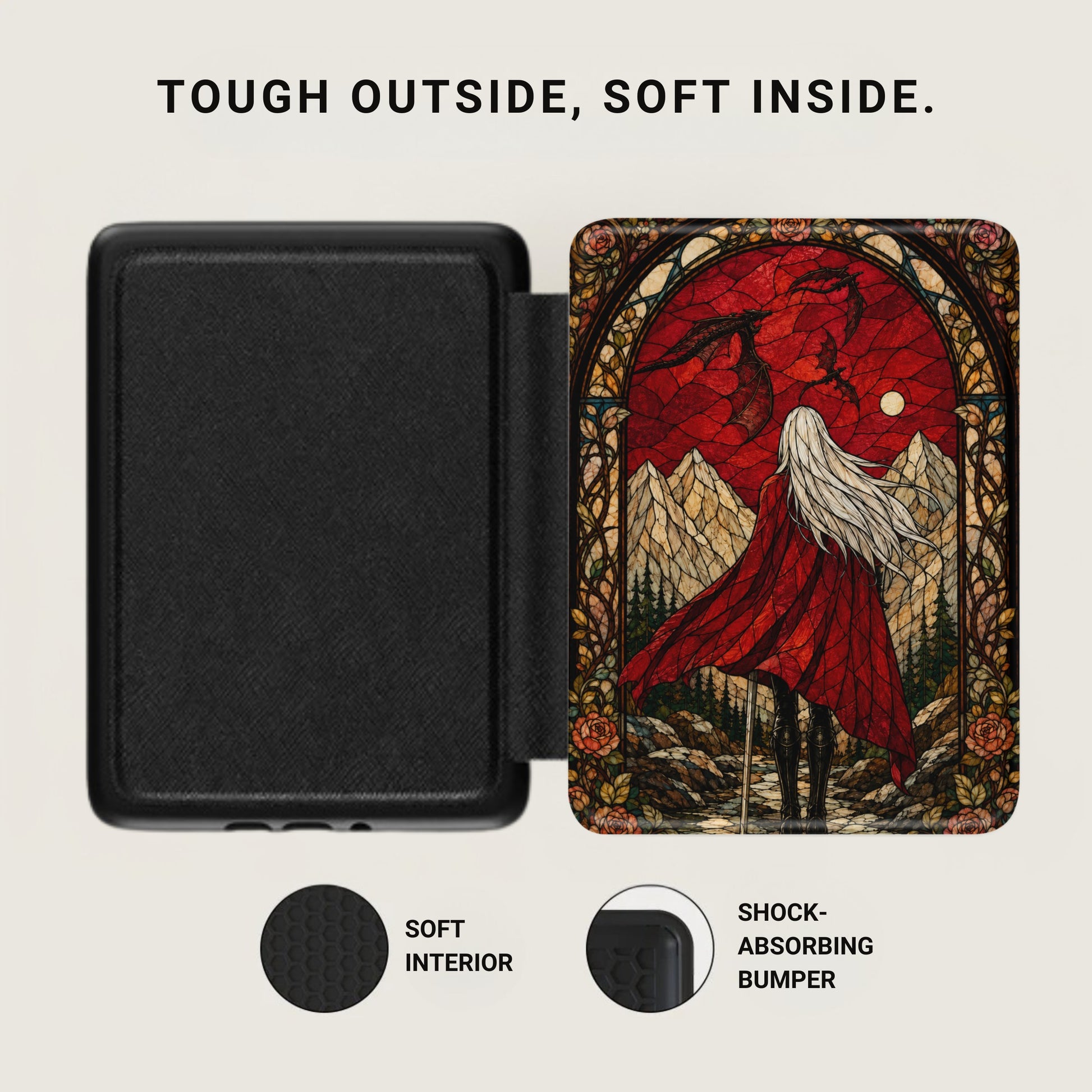 Black case with stained-glass dragon and figure design, soft interior, shock-absorbing bumper.