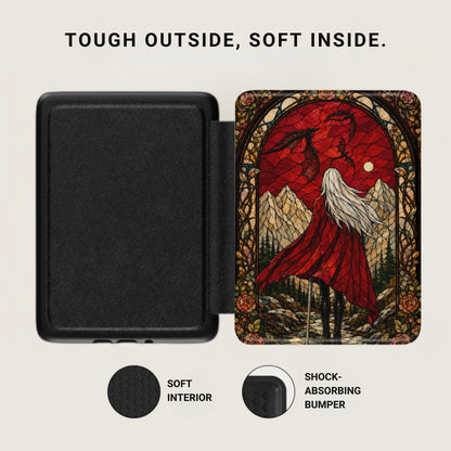 Black case with stained-glass dragon and figure design, soft interior, shock-absorbing bumper.