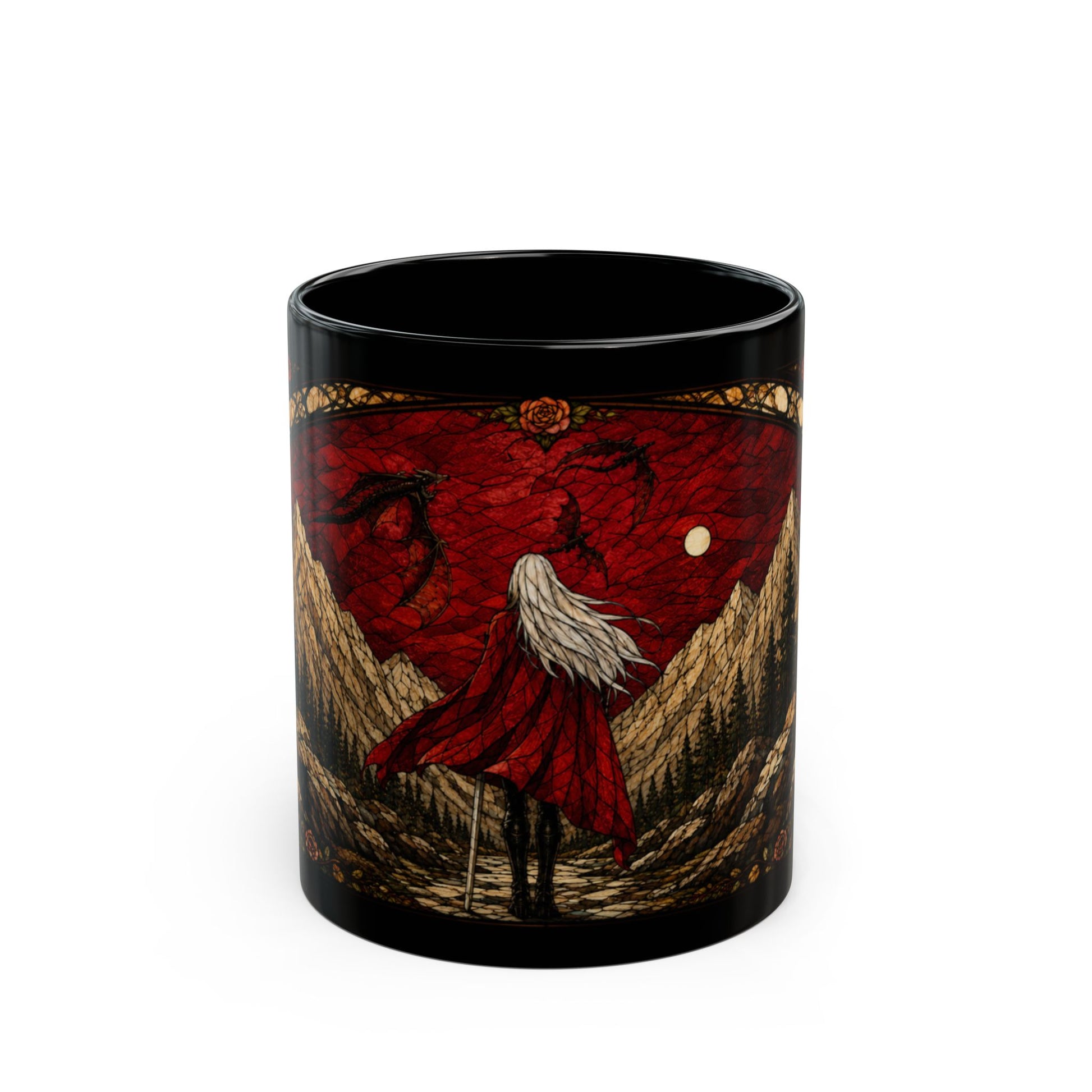 Black mug with stained glass design of a figure, dragons, mountains, and a rose.